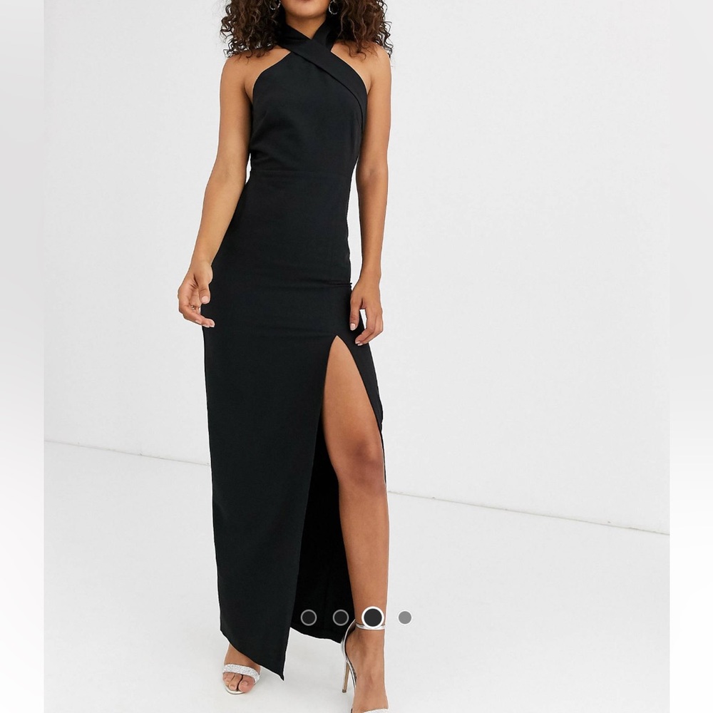 Vesper Tall high neck maxi dress with thigh split in black